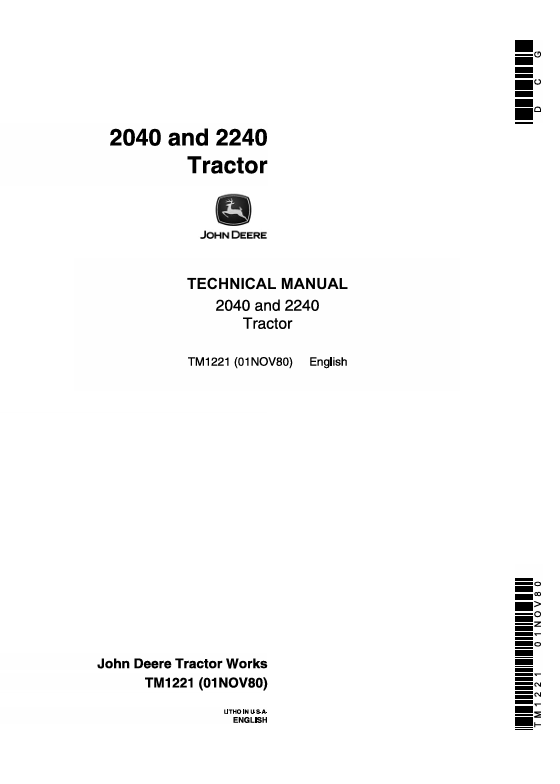 John Deere 2040 & 2240 Tractor Technical Manual TM1221 – Complete Repair Guide