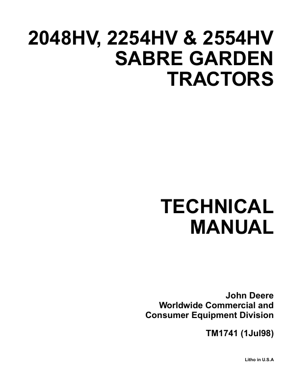 John Deere 2048HV 2254HV 2554HV Sabre Garden Tractor Manual TM1741