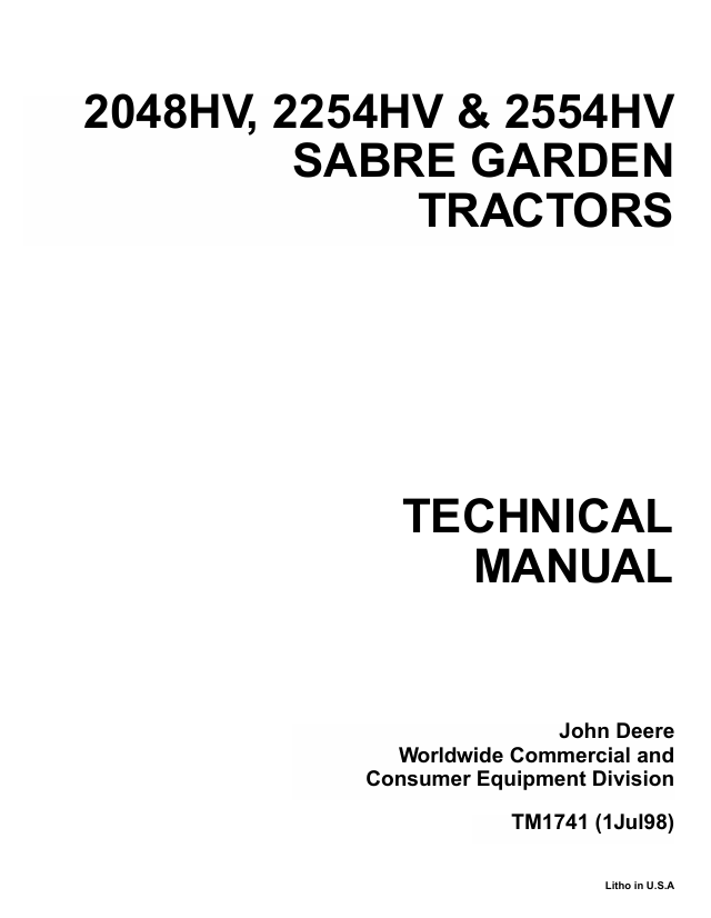John Deere 2048HV 2254HV 2554HV Sabre Garden Tractor Technical Manual TM1741