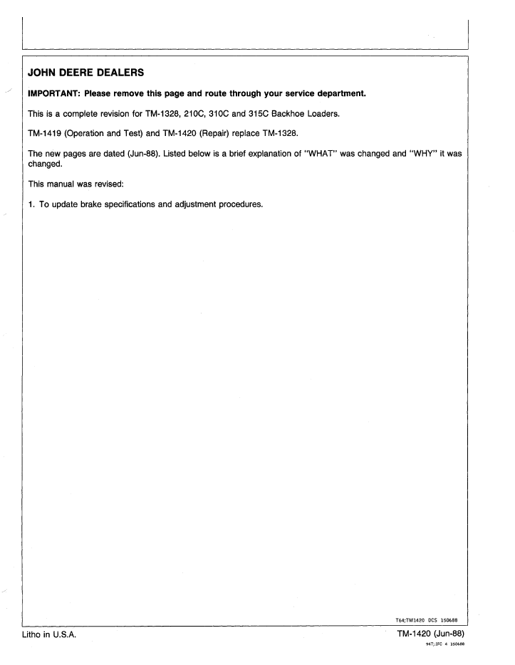 John Deere 210C 310C 315C Workshop Repair Service Manual TM1420