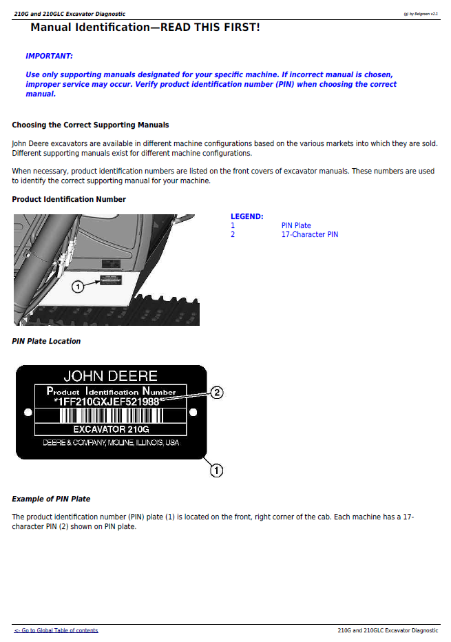 John Deere 210G/210GLC Excavator Operation, Test & Repair Manual TM13347X19