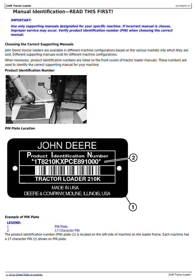 John Deere 210K Tractor Loader Troubleshooting & Operation Manual TM12985
