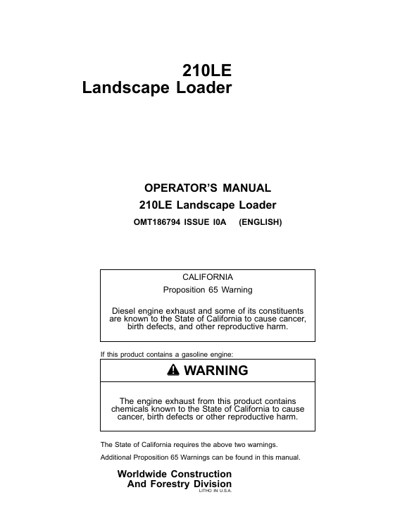 John Deere 210LE Landscape Loader Operator Manual OMT186794 PDF Download