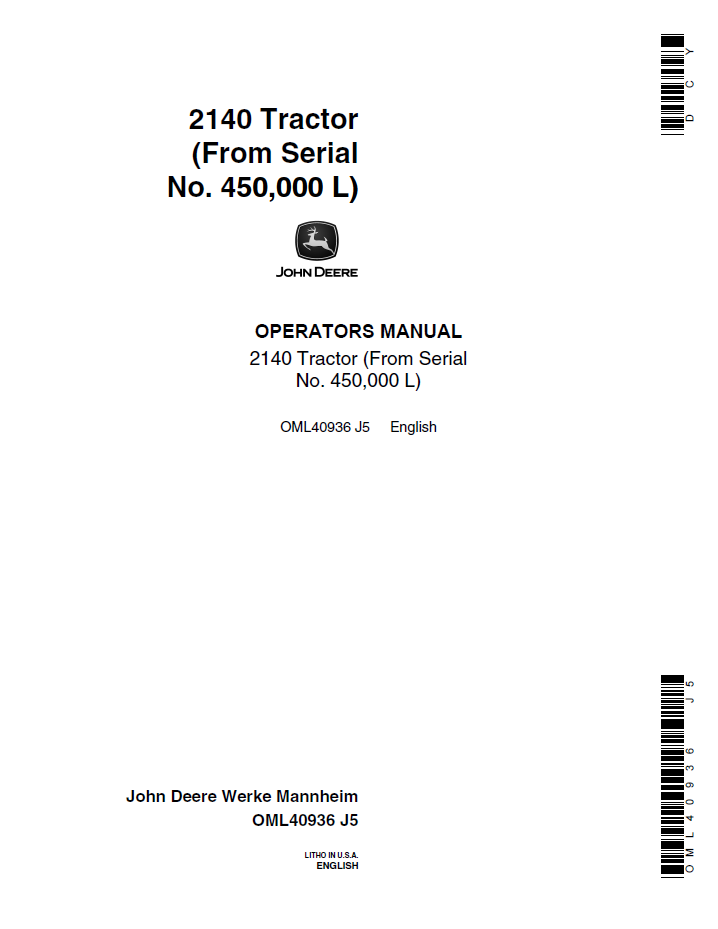 John Deere 2140 Tractor Operator Manual (OML40936)