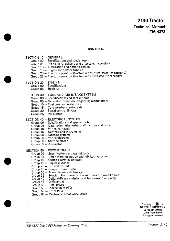 John Deere 2140 Tractor TM4373 Technical Service Workshop Manual