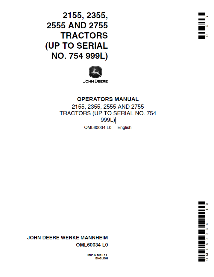 John Deere 2155, 2355, 2555 and 2755 Tractor Operator Manual (OML60034)