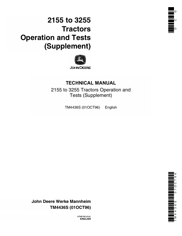 John Deere 2155 to 3255 Tractor Operation and Tests Supplement Manual