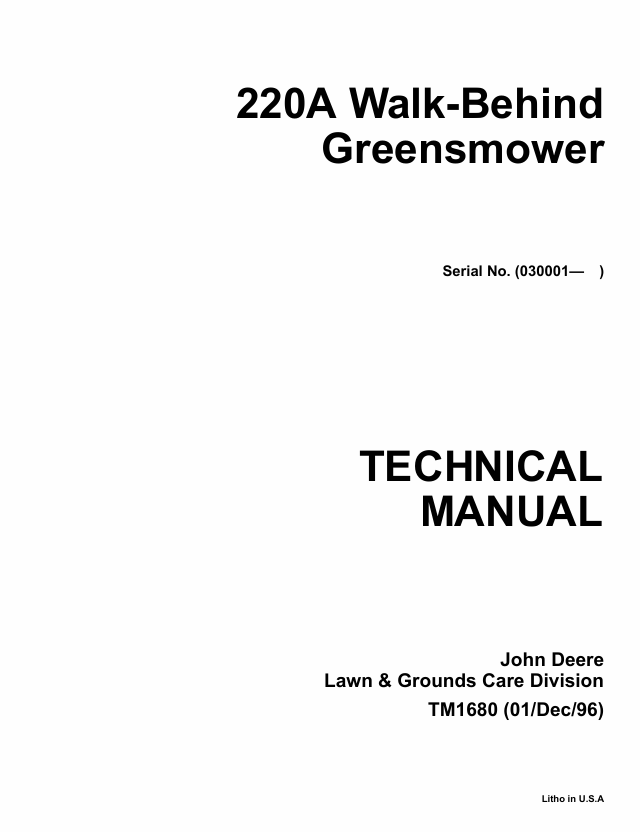 John Deere 220A Walk-Behind Green Mower Technical Manual (TM1680)