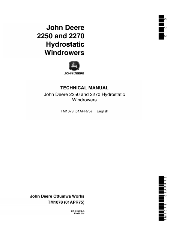 John Deere 2250 & 2270 Hydrostatic Windrower Technical Manual TM1078 PDF