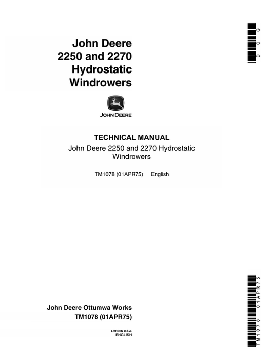 John Deere 2250 & 2270 Hydrostatic Windrower Technical Manual TM1078 PDF