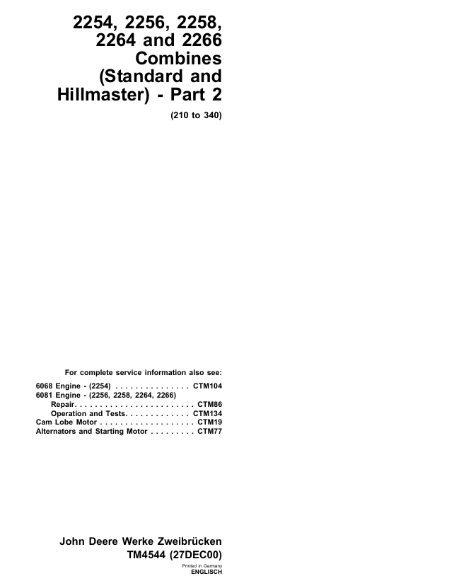 John Deere 2254 2256 2258 2264 2266 Combine Technical Manual TM4544