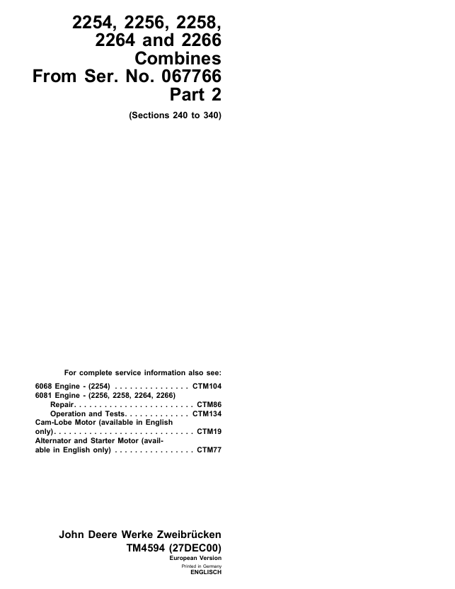 John Deere 2254, 2256, 2258, 2264 & 2266 Combine Technical Manual TM4594