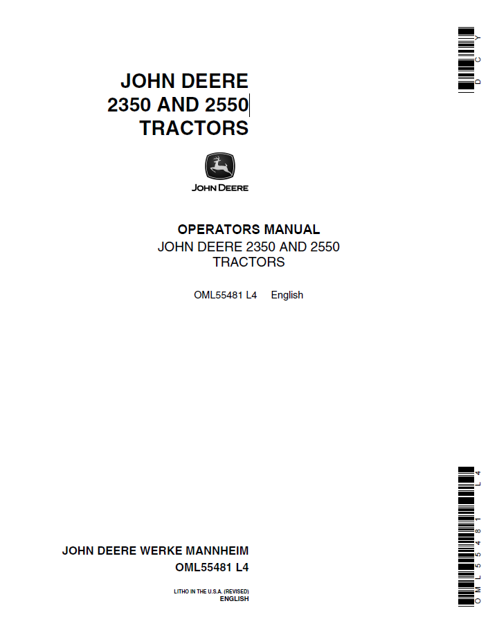 John Deere 2350 and 2550 Tractor Operator Manual (OML55481)