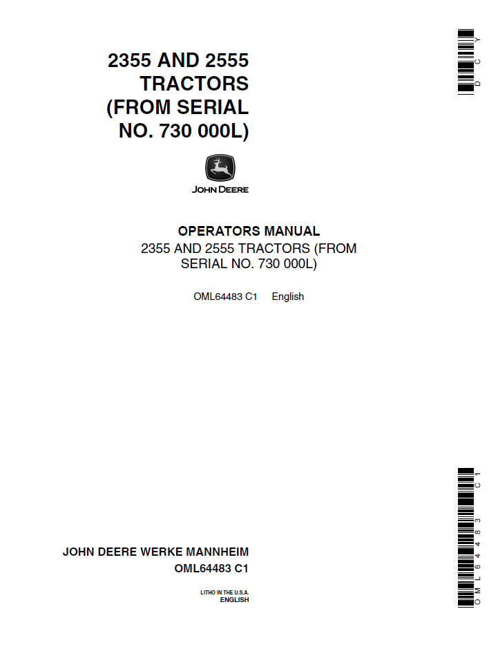 John Deere 2355 and 2555 Tractor Operator Manual (OML64483)