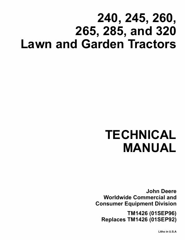 John Deere 240 245 260 265 285 320 Lawn Tractor Technical Manual TM1426