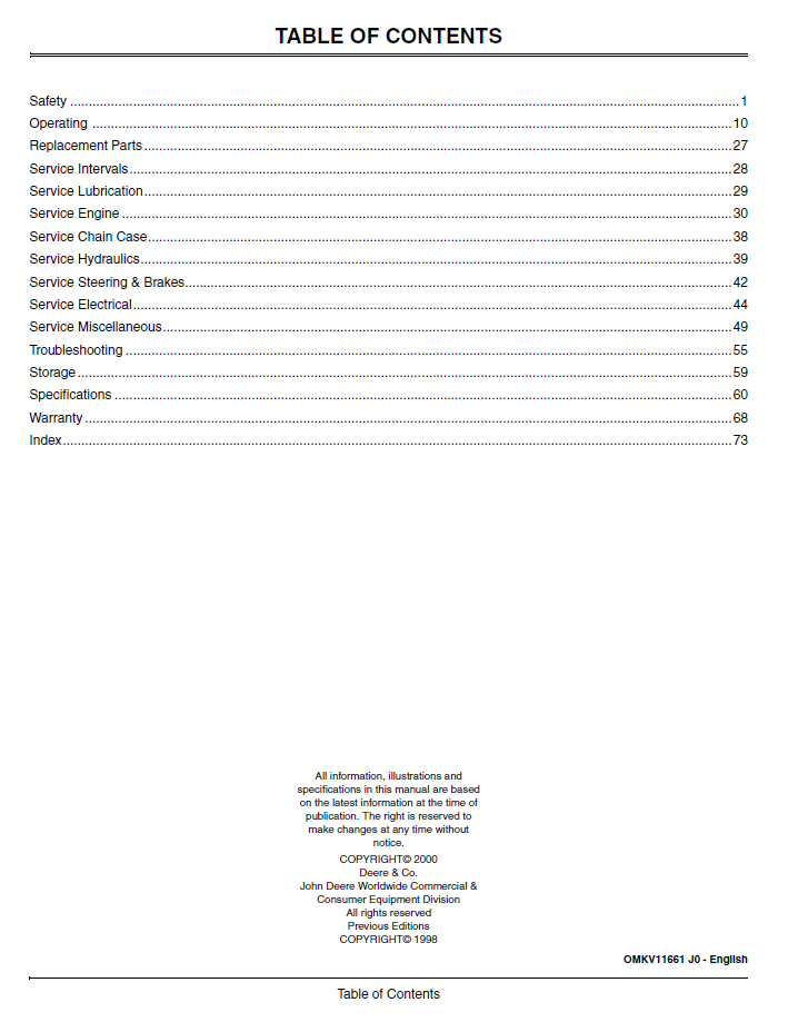 John Deere 240 and 250 Skid Steer Loader OMKV11661 Maintenance and Operation Manual