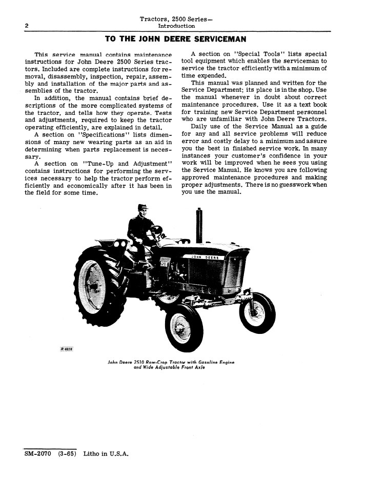 John Deere 2500 Series Tractor Operation and Service Manual SM2070