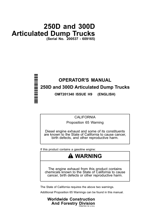 John Deere 250D & 300D Articulated Dump Truck Operator Manual OMT201340