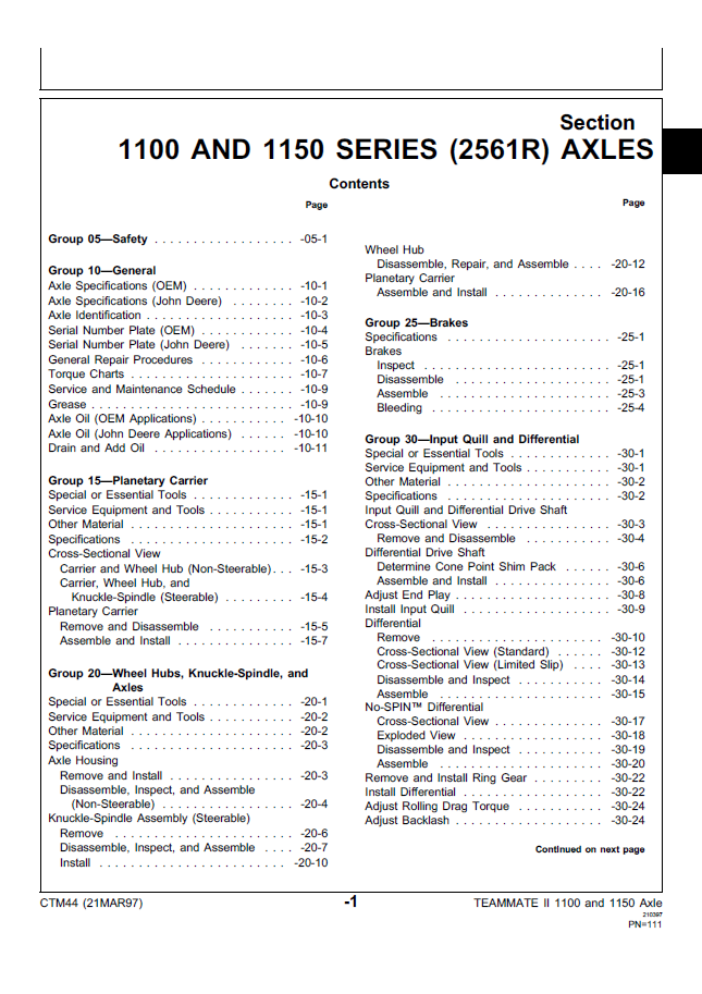 John Deere 2561R Axle Service & Workshop Manual | CTM44 Technical Guide