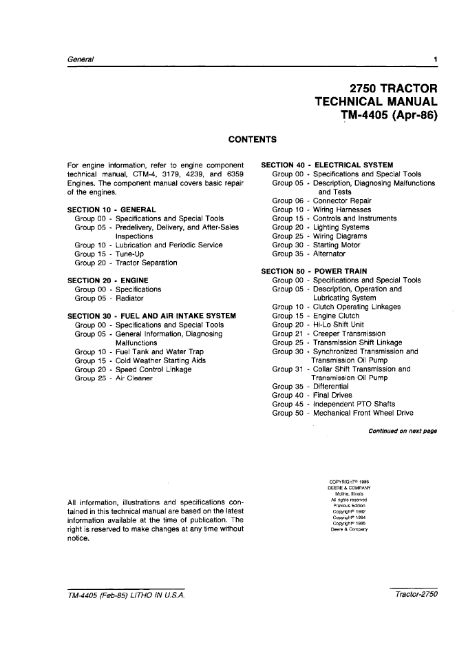 John Deere 2750 Tractor TM4405 Workshop Repair Technical Manual