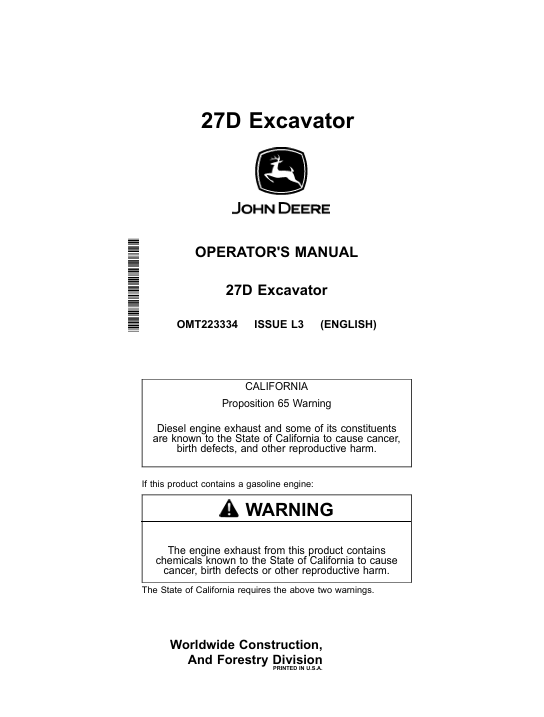 John Deere 27D Excavator Operator Manual OMT223334 PDF Download