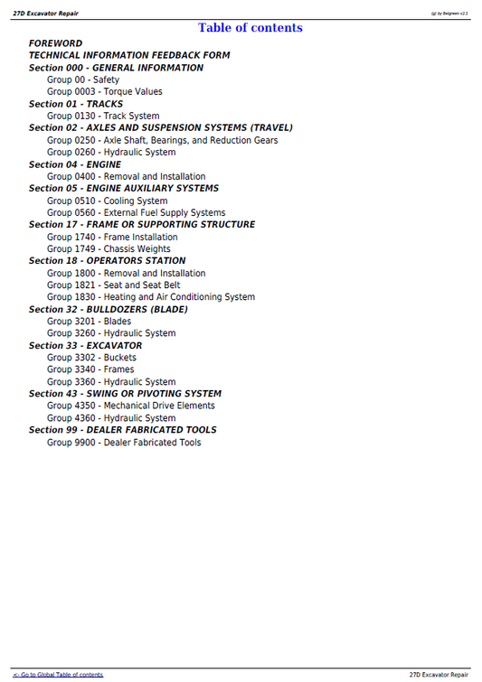 John Deere 27D Excavator TM2356 Service & Repair Guide