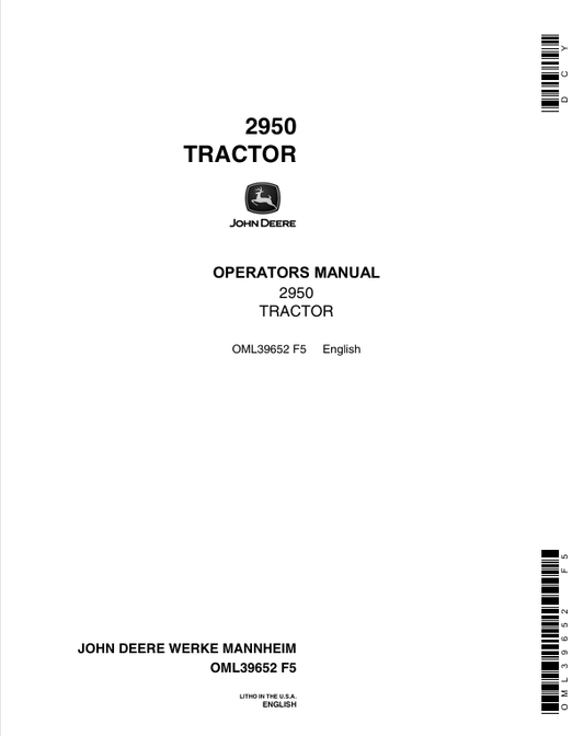 John Deere 2950 Tractor Operator Manual OML39652 – Complete Guide