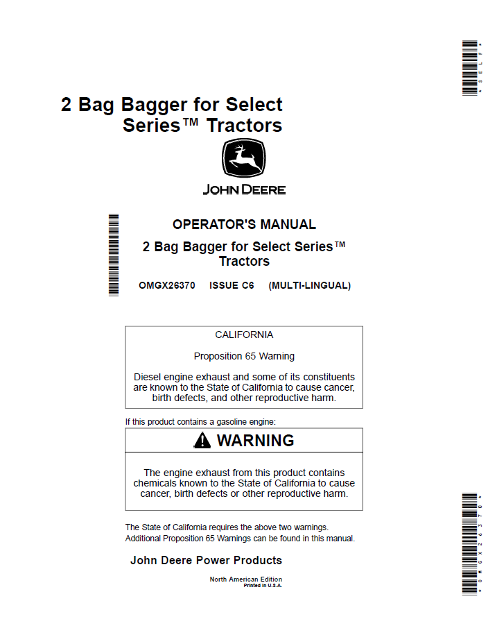 John Deere 2 Bag Bagger Select Series Tractor Operator Manual (OMGX26370)