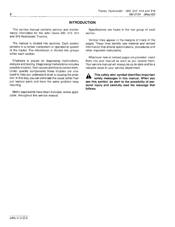 John Deere 300-316 Hydro Tractor Workshop Service Manual SM2104