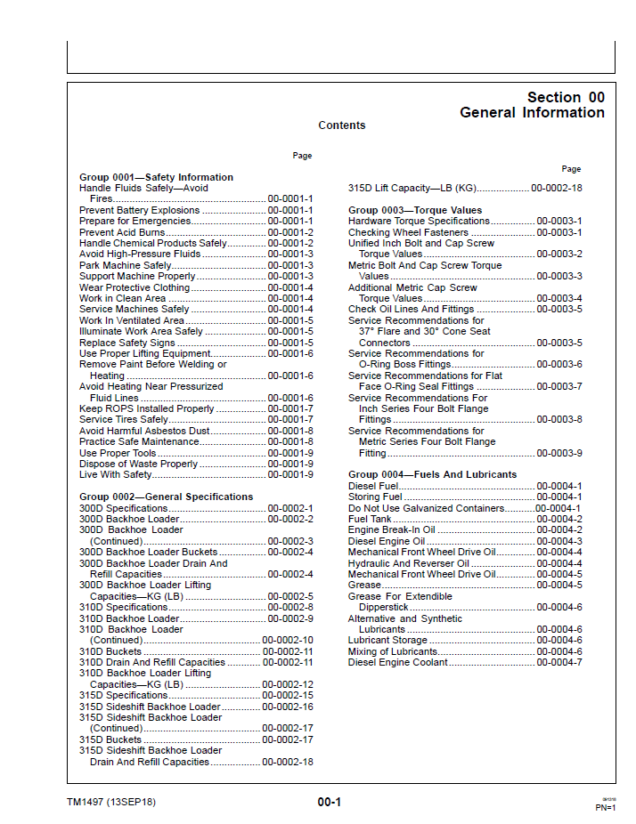 John Deere 300D 310D 315D Backhoe Loader Technical Repair Manual TM1497