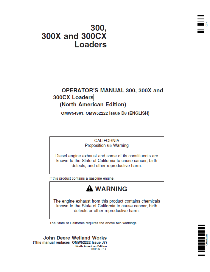 John Deere 300, 300X & 300CX Loader Operator Manual (OMW54961, OMW52222)