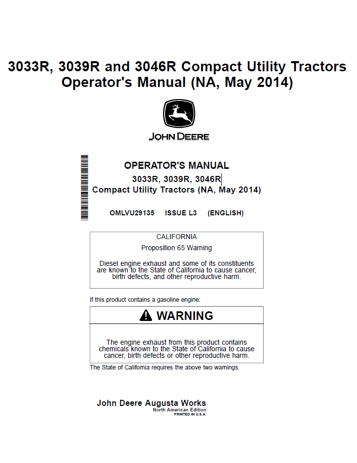 John Deere 3033R 3039R 3046R Compact Utility Tractor Manual PDF OMLVU29135