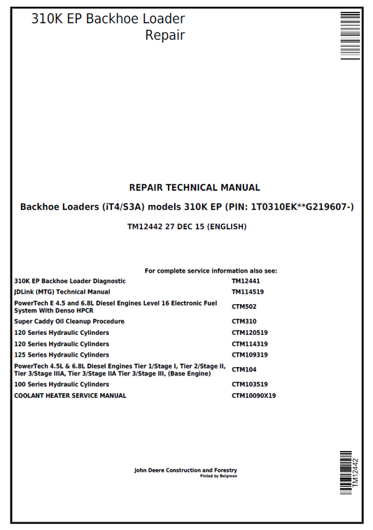 John Deere 310K EP Backhoe Loader TM12442 Repair Technical Service Manual
