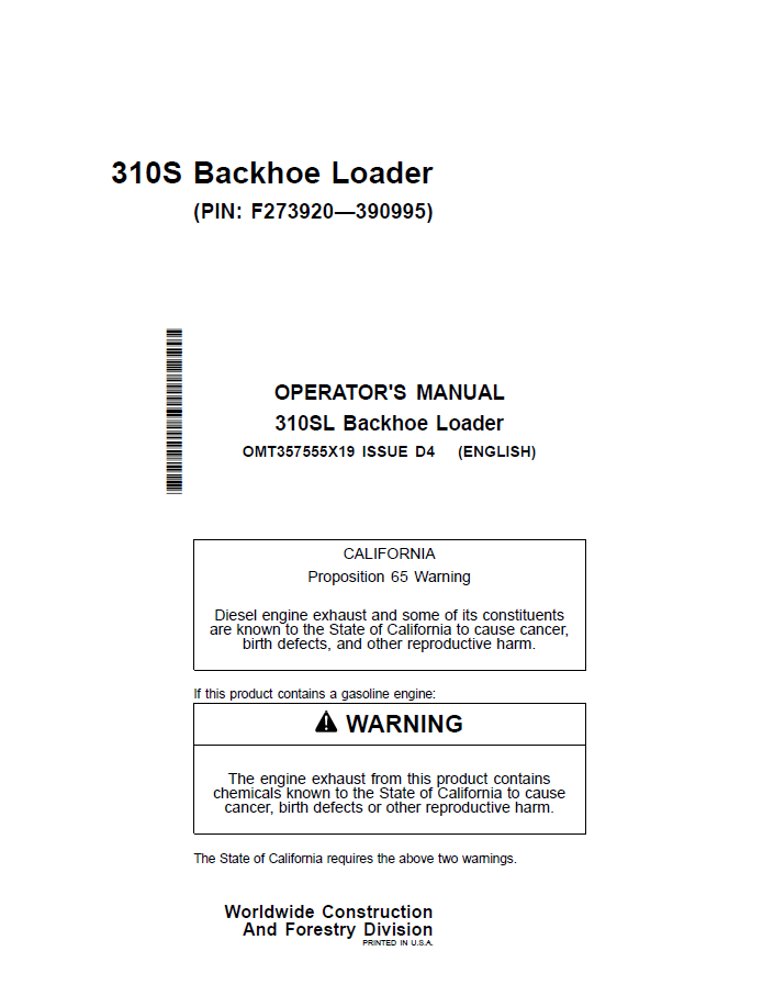 John Deere 310S Backhoe Loader Operator Manual OMT357555X19 PDF