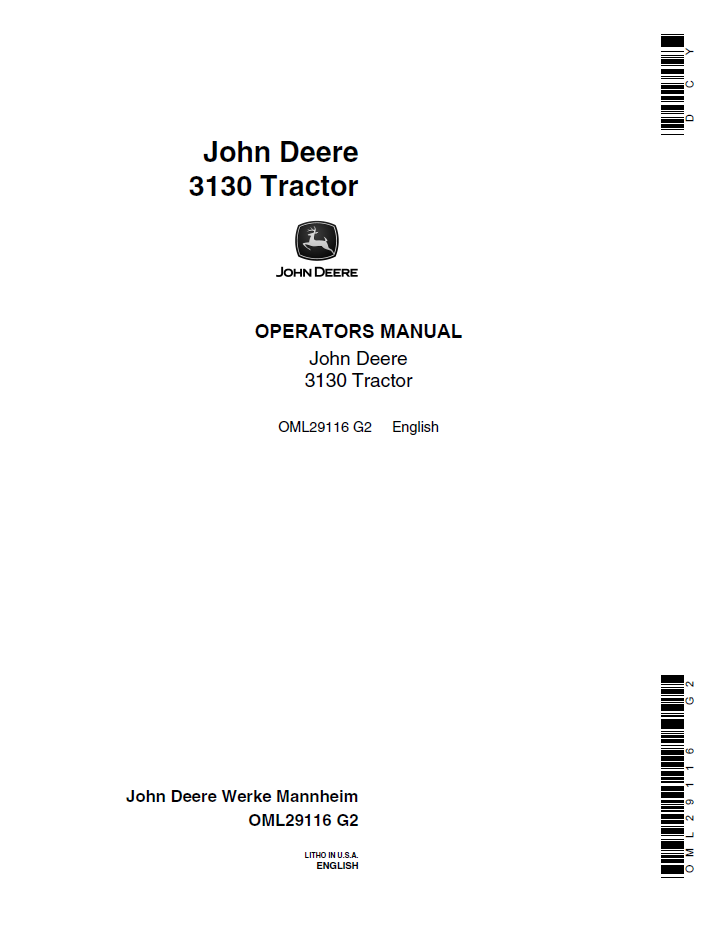 John Deere 3130 Tractor Operator Manual (OML29116)