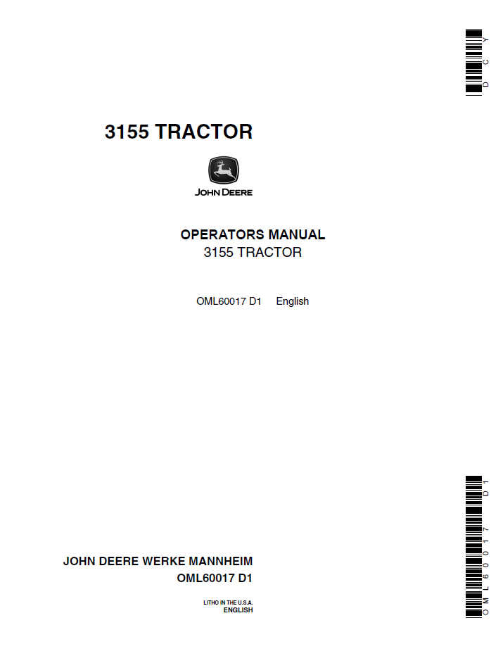 John Deere 3155 Tractor Operator Manual (OML60017)