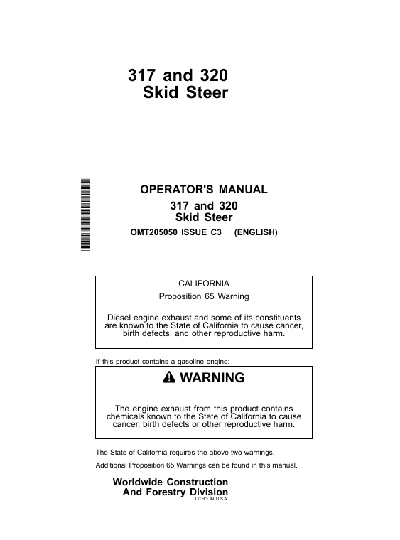 John Deere 317 & 320 Skid Steer Operator Manual OMT205050 PDF Download