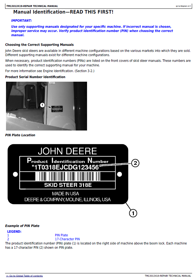 John Deere 318E 319E 320E 323E Skid Steer Repair & Diagnostic Manual TM13013X19