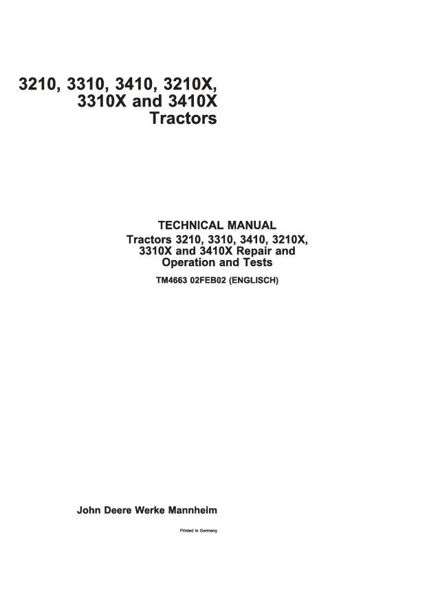 John Deere 3210, 3310, 3410, 3210X, 3310X, 3410X Tractor Technical Manual (TM4663)