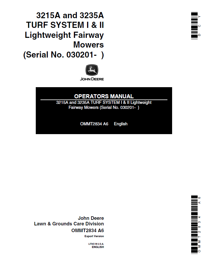 John Deere 3215A & 3235A Fairway Mower Operator Manual (OMMT2834)