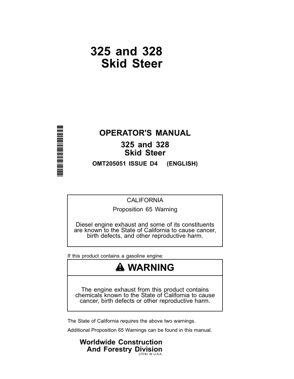 John Deere 325 & 328 Skid Steer Operator Manual OMT205051 Download