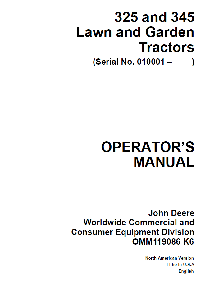 John Deere 325 345 Lawn and Garden Tractor Operator Manual PDF OMM119086