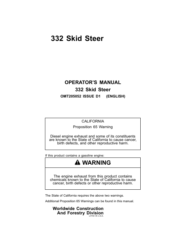 John Deere 332 Skid Steer Operator Manual OMT205052 PDF Download