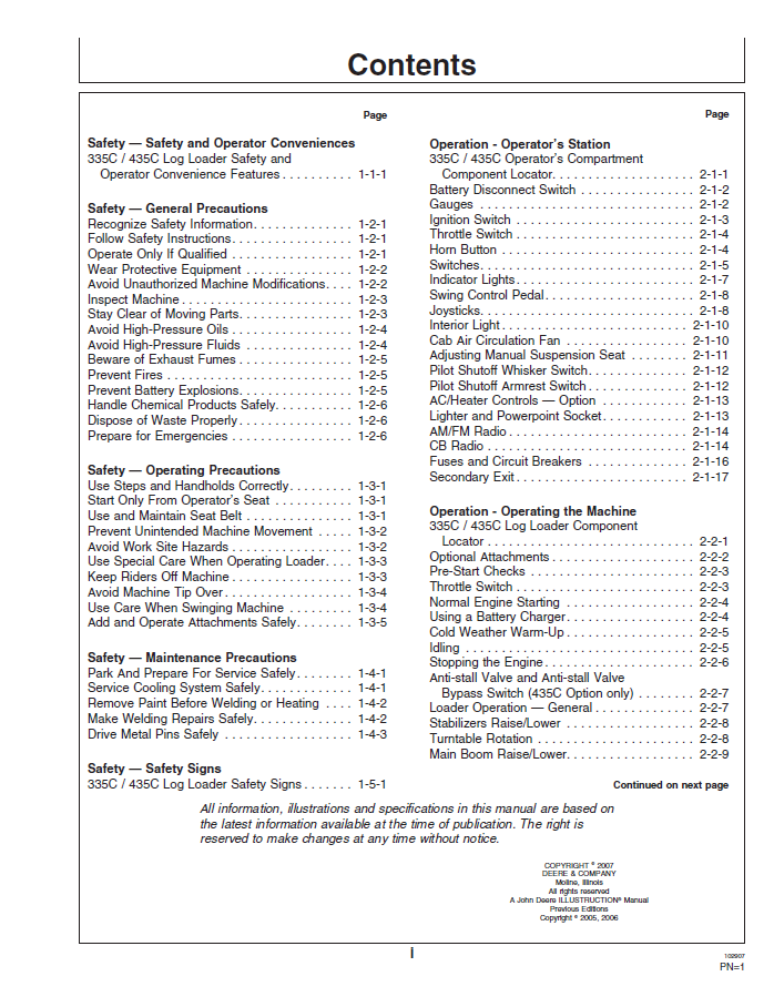 John Deere 335C/435C Log Loader Equipment Operator Manual F390693