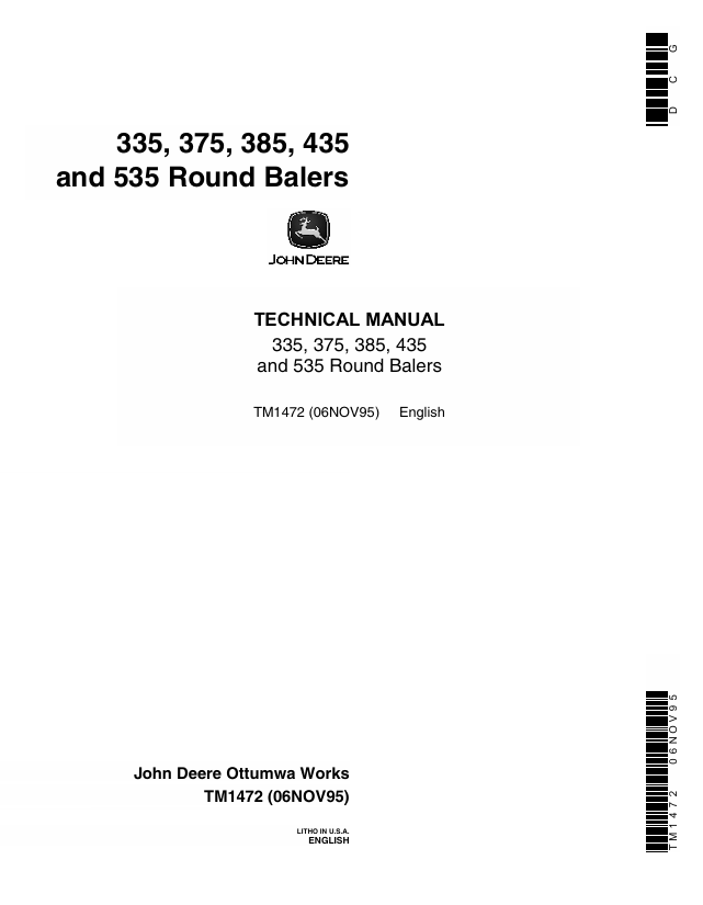 John Deere 335 375 385 435 535 Round Baler Technical Manual TM1472
