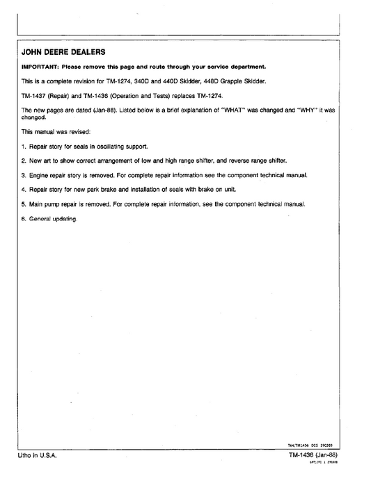 John Deere 340D 440D 448D Skidder TM1436 Operation Test Manual