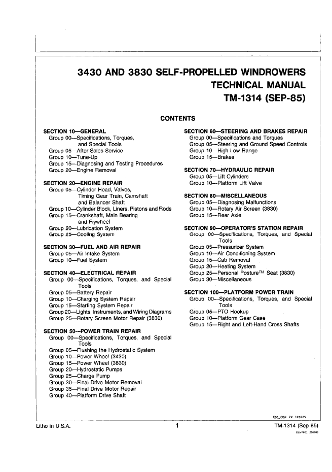 John Deere 3430 3830 Self-Propelled Windrower Service Guide