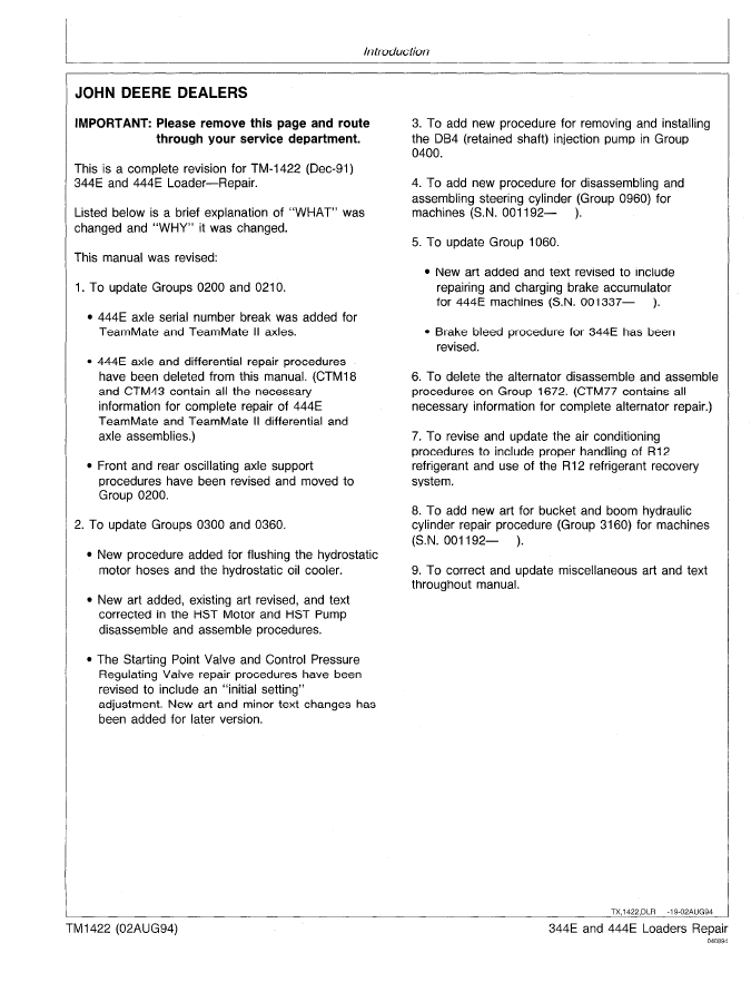 John Deere 344E & 444E Loader Workshop Repair Technical Manual