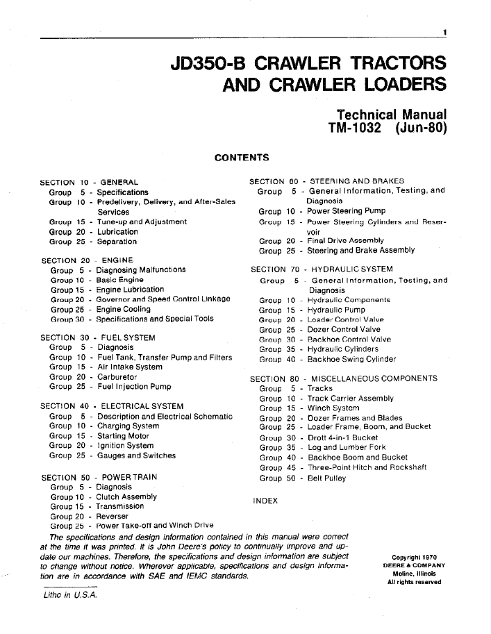 John Deere 350B Crawler Tractor and Loader Repair Manual TM1032