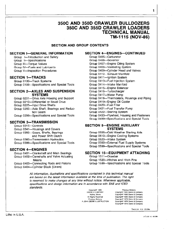 John Deere 350C 350D Bulldozer & 355D Crawler Loader Manual TM1115